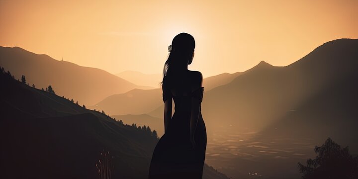 Silhouette of a girl in the mountains at sunset.