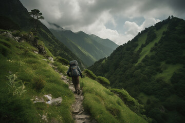 Backpacker traveling by the mountain path