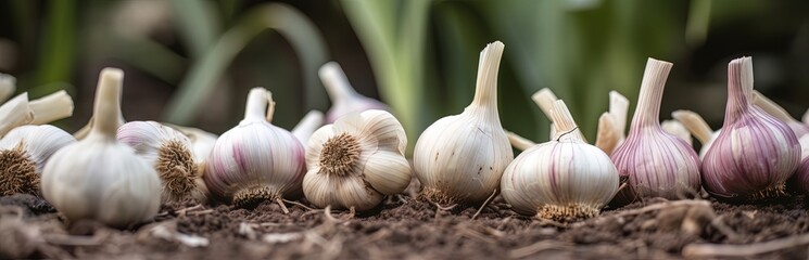 Garlic in garden bed, row of clean bulbs