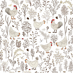  Floral seamless pattern with cute cartoon chicken - 615025190