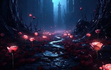 Mysterious path of roses and dark castle