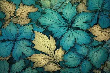 Fototapeta na wymiar Blue and cream abstract floral background Art Noveau style