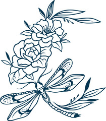 Fototapeta premium Abstract Dragonfly Tattoo Silhouette with Floral Accent