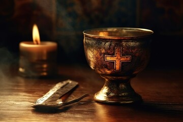 Eucharist Feast of Corpus Christi. Jesus Christ in the monstrance present in the Sacrament of the Eucharist. holy grail, bronze and gold cup with christian and religious cross. Jesus Christ.