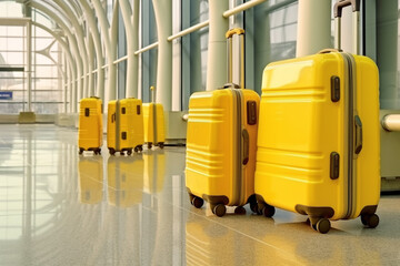 yellow luggage in airport. vacation. generative ai.