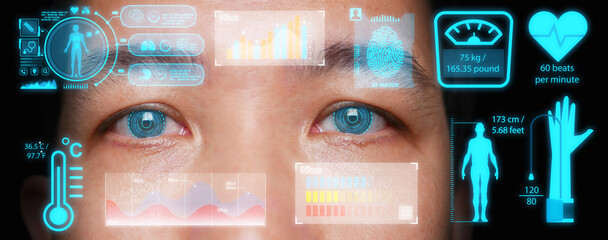 Close up of a smart contact lens technology that can correct vision, display information, and...