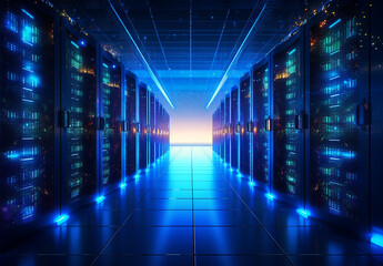 servers in an enormous data center with blue light. generative ai.