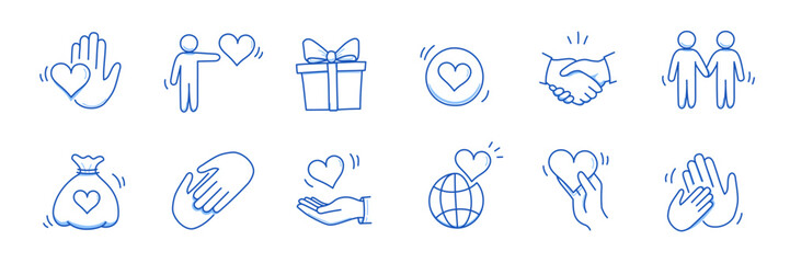 Community trust hand, social heart doodle line icon. Charity community, partnership care, people solidarity help concept icon set. Hand drawn doodle sketch style line. Vector illustration - obrazy, fototapety, plakaty
