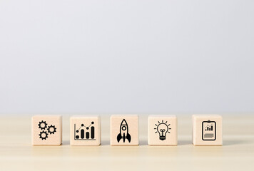 A wooden block showing a rocket icon. This is the beginning of a new generation of Entrepreneurs, Business Ideas, Startups, Entrepreneurs and Online Digital Business Networks on online marketing, tech