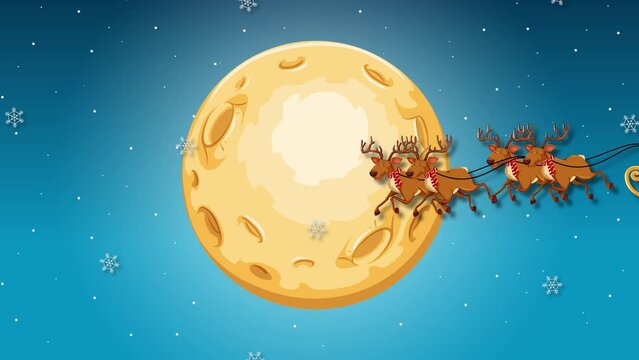 Santa Claus on Sleigh with Reindeers Passing the Full Moon