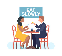 Proper food consumption. Enjoying food. Couple sitting at table with sign that says eat slowly. Man and woman dating in restaurant. Healthy lifestyle. Motivation phrase. Vector concept