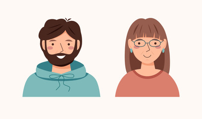 Man and woman avatars in the flat style. Portraits of man and woman. Mother and father.
