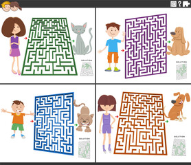 maze games set with cartoon children and their pets