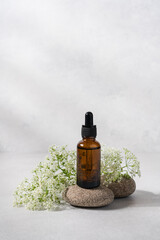 Fototapeta premium Glass bottle with pipette on pebble podium. Facial serum, natural ingredients, medicine