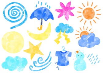 カラフルな天気アイコンの晴、曇り、雨、風、台風などの手描きイラスト素材セット - obrazy, fototapety, plakaty
