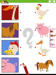 match cartoon farm animals and clippings educational task