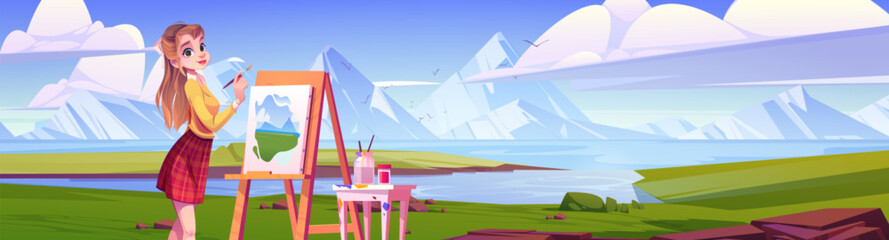 Young woman painting mountain landscape. Vector cartoon illustration of female artist drawing beautiful nature with lake in green valley, birds flying in blue sky. Art school banner. Creative hobby
