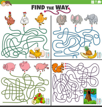 find the way maze games set with cartoon animal characters