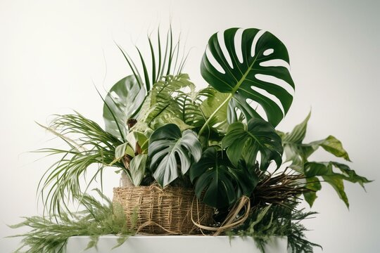 Indoor tropical plant arrangement with Monstera, palm leaves and bird's nest fern on a white backdrop. Generative AI