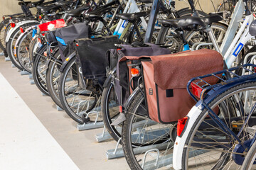 Bicycle bag. Various bicycle bags in the bicycle parking lot