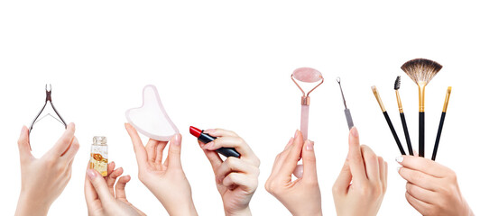Set of different beauty tools for skin care and make-up.