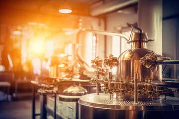 Brewhouse and beer preparation equipment with technological processes for malting and beer kegs made of stainless steel. Generative AI.