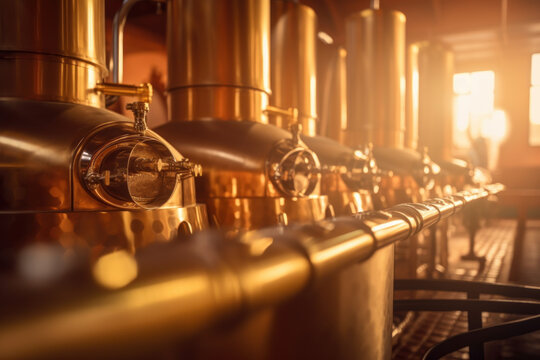 Brewhouse and beer preparation equipment with technological processes for malting and beer kegs made of stainless steel. Generative AI.