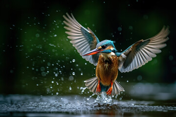 Fototapeta premium Kingfisher emerging from the water after an unsuccessful dive to grab a fish, Natural wild bird with beautiful light. Generative AI.