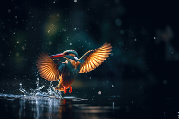 Obraz premium Kingfisher emerging from the water after an unsuccessful dive to grab a fish, Natural wild bird with beautiful light. Generative AI.