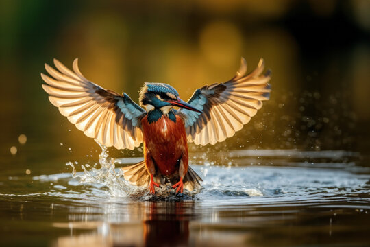 Kingfisher emerging from the water after an unsuccessful dive to grab a fish, Natural wild bird with beautiful light. Generative AI.