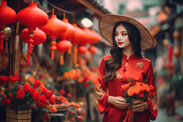 Asian woman wearing Vietnamese national costume living in Vietnam city. Generative AI