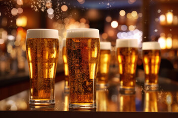 Many glasses of beer on wooden table in bar On a beautiful golden bokeh blurred background. Generative AI