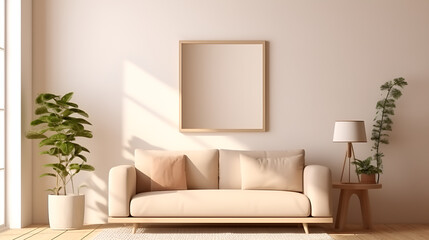 Fototapeta na wymiar Mock-up frame blank horizontal poster frame imitating a living room interior.