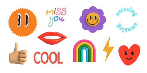  3d trendy retro stickers collection and groovy style set. Face flower, heart smiling, eyes, lighting, cool, rainbow, miss you, gesture and lips  icons. 3d render illustration