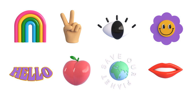 3d trendy retro stickers collection and groovy style set. Rainbow, peace gesture, eye, flower smiling, hello, peach, earth and lip icons. 3d render illustration isolated on white background.