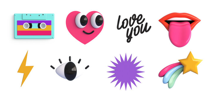  3d trendy retro stickers collection and groovy style set. Cassette, heart smiling, eye, lighting, hello, star rainbow, love you and lips with tongue icons. 3d render illustration isolated background
