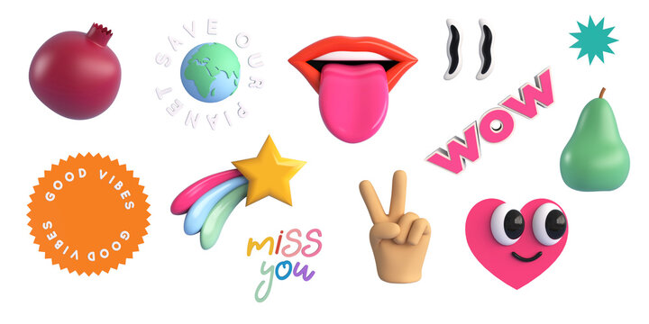 3d trendy retro stickers collection and groovy style set. Pomegranate, heart smiling, eyes, pear, wow, rainbow star, miss you, gesture peace and lips tongue icons. 3d render illustration