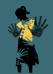 Frightened woman, victim of sexual violence.
Grunge stylized young woman silhuette with arms in defensive position and hand prints on the body, blue background. Vector available