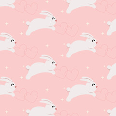 Beautiful red hearts and white rabbit on pink background, seamless pattern with rabbit.