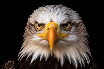 Obraz premium Focus portrait of eagle face on black background. Generative AI