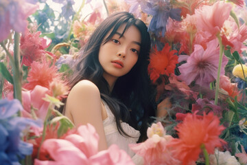 Obraz na płótnie Canvas Portrait of a young Asian woman in a field of colorful flowers. Generative AI