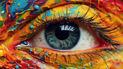 Fototapeta premium eye color explosion with the art of colorful makeup up close. Generative AI
