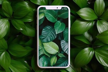 White smartphone with  green leaves on screen. Green background from green leaves. Eco friendly social media and mobile application. Generative AI
