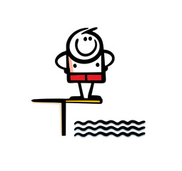 Athlete in red swimming trunks stands on a springboard and looks at the water in the pool. Vector illustration of jumping from a height into the water.