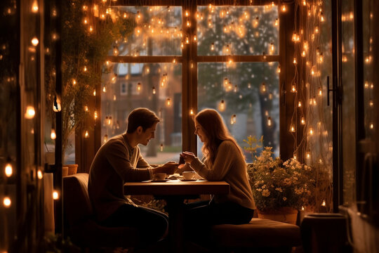 A couple sipping coffee at a cozy café, with bokeh lights creating a warm and intimate atmosphere Generative AI