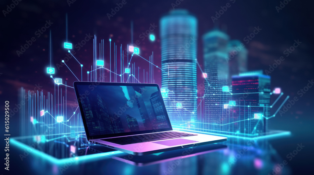 Wall mural ai image laptop computer online and payment digital marketing with global internet network connectio