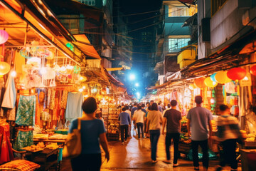 A visit to a night market, with bustling crowds and colorful bokeh lights illuminating the scene Generative AI