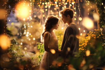 A couple sharing a quiet moment in a garden, surrounded by bokeh lights from twinkling fairy lights Generative AI