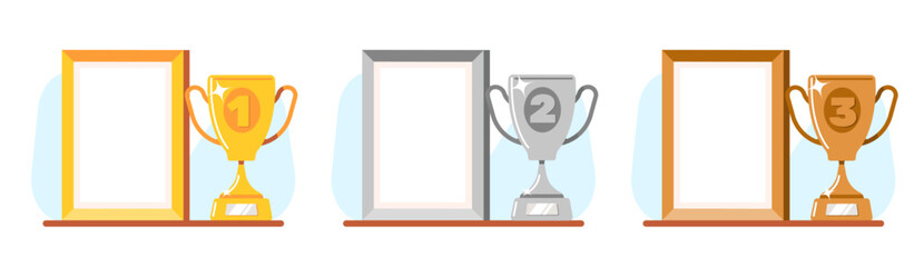 Winning awards. Gold, silver and bronze cups and photo frame with wooden frame. Winners diploma or certificate pages. Victory ceremony prizes. Competition trophy. Vector rewards set - obrazy, fototapety, plakaty