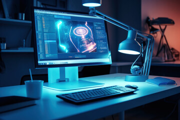 Fototapeta premium Medical technology research lab at the hospital Doctor using computer with MRI scan of the brain looking for treatment. Professional Neurologist Analyzing CT Scan. Generative AI